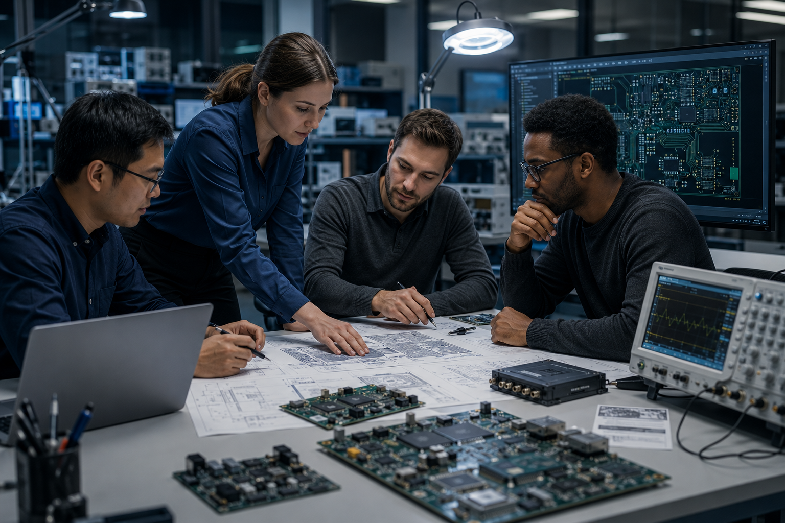 Engineering team reviewing an embedded hardware design
